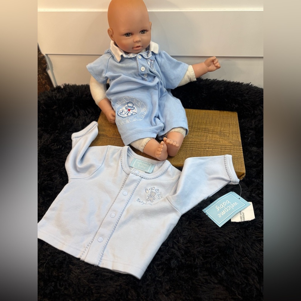 Baby Boy Outfit 6M Anchor Onesie + Embroidered Bear Shirt Light Blue Set of 2